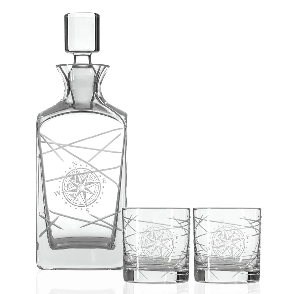 Compass Star Longitude Decanter and Glasses 3 Piece Set-Nautical Decor and Gifts