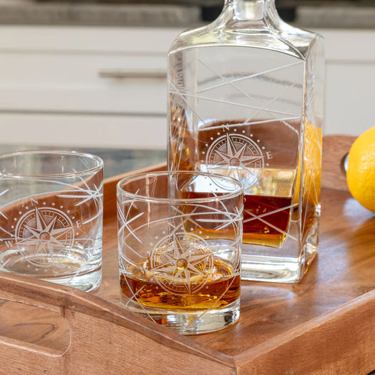 Compass Star Longitude Decanter and Glasses 3 Piece Set-Nautical Decor and Gifts