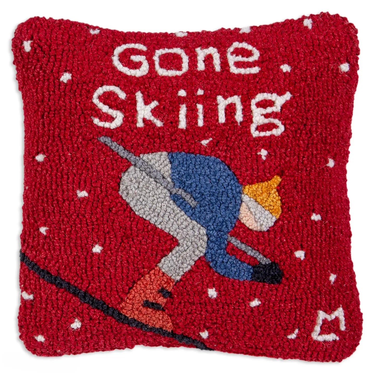 Gone Skiing 14"x14" Hooked Wool Pillow-Pillow-Nautical Decor and Gifts