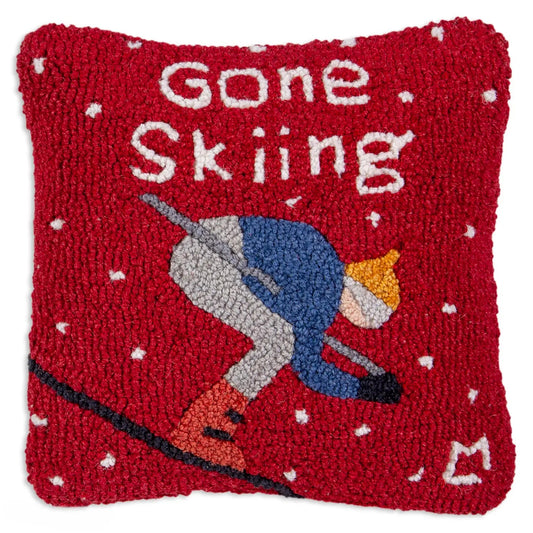 Gone Skiing 14"x14" Hooked Wool Pillow-Pillow-Nautical Decor and Gifts