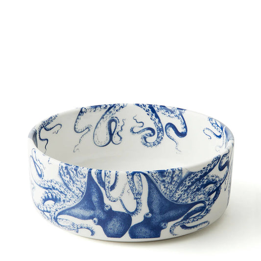 Ceramic pet bowl with blue octopus pattern 