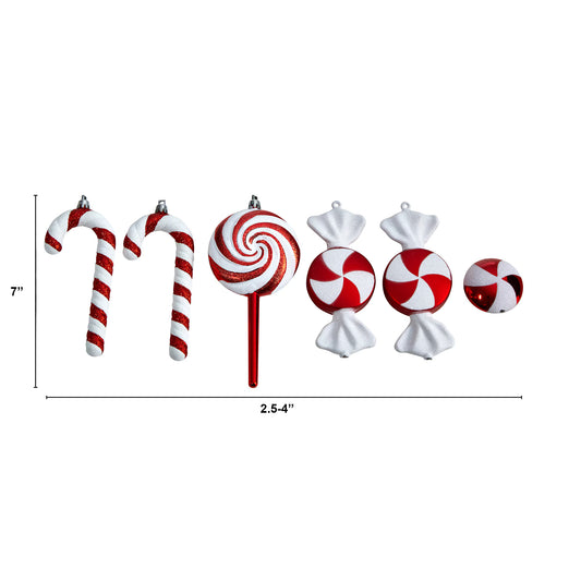 Set of red and white candy-themed Christmas ornaments 