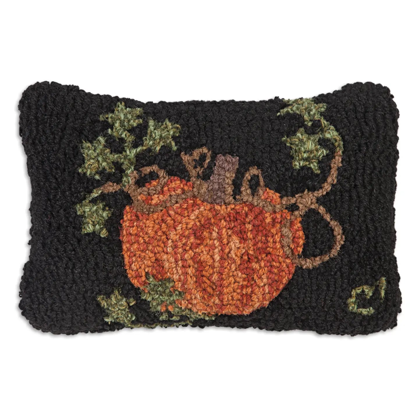 Pumpkin On Black- Hooked Wool Pillow-Pillow-Nautical Decor and Gifts
