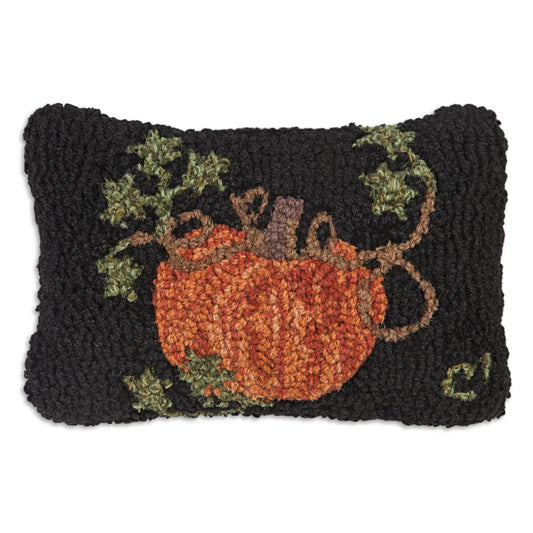 Pumpkin On Black- Hooked Wool Pillow-Pillow-Nautical Decor and Gifts