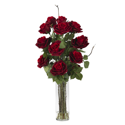 Roses w/Cylinder Vase Silk Flower Arrangement-Faux Plant-Nautical Decor and Gifts