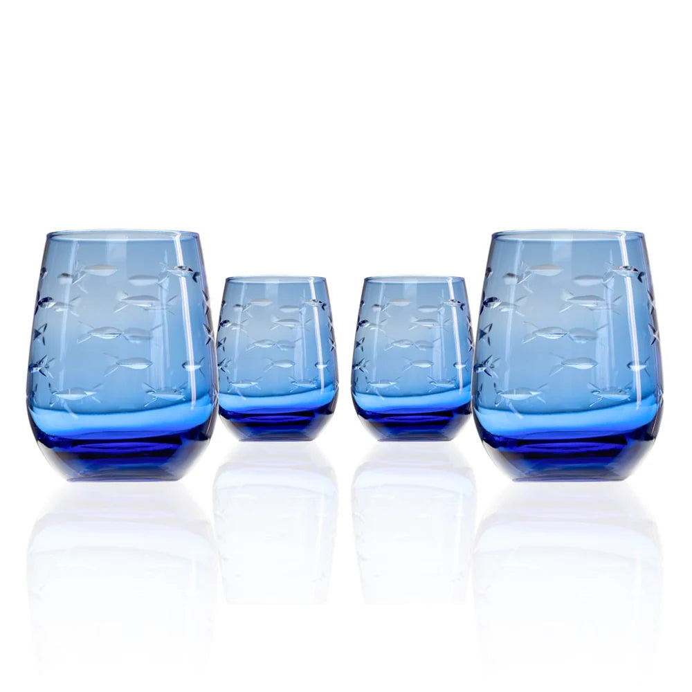 School of Fish Blue Stemless Wine Tumbler Glass - 15oz-Nautical Decor and Gifts
