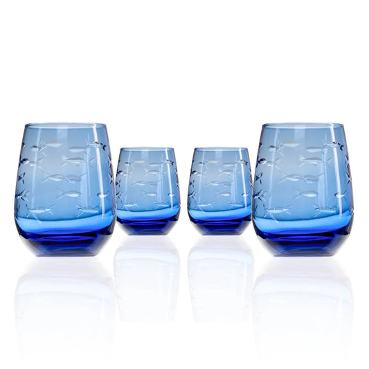 School of Fish Blue Stemless Wine Tumbler Glass - 15oz-Nautical Decor and Gifts