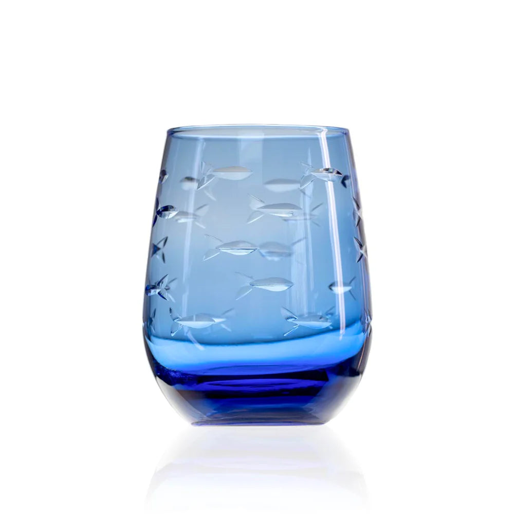 School of Fish Blue Stemless Wine Tumbler Glass - 15oz-Nautical Decor and Gifts