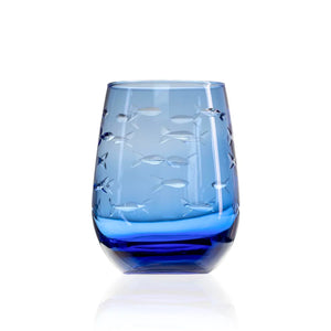 School of Fish Blue Stemless Wine Tumbler Glass - 15oz-Nautical Decor and Gifts