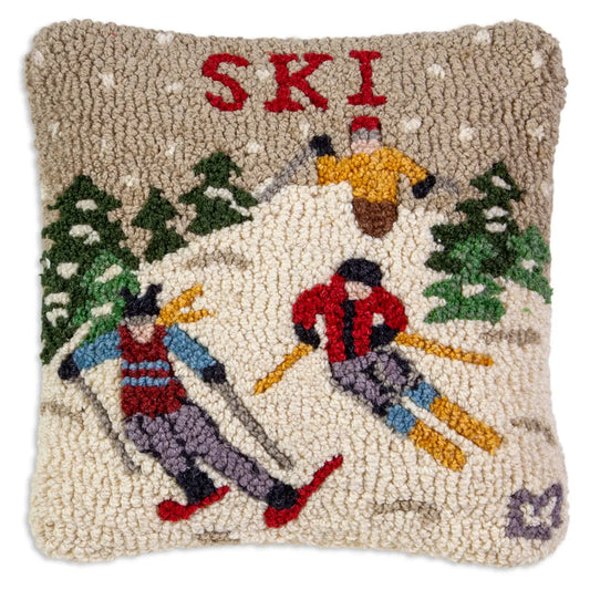 Gone Skiing 14"x14" Hooked Wool Pillow-Pillow-Nautical Decor and Gifts