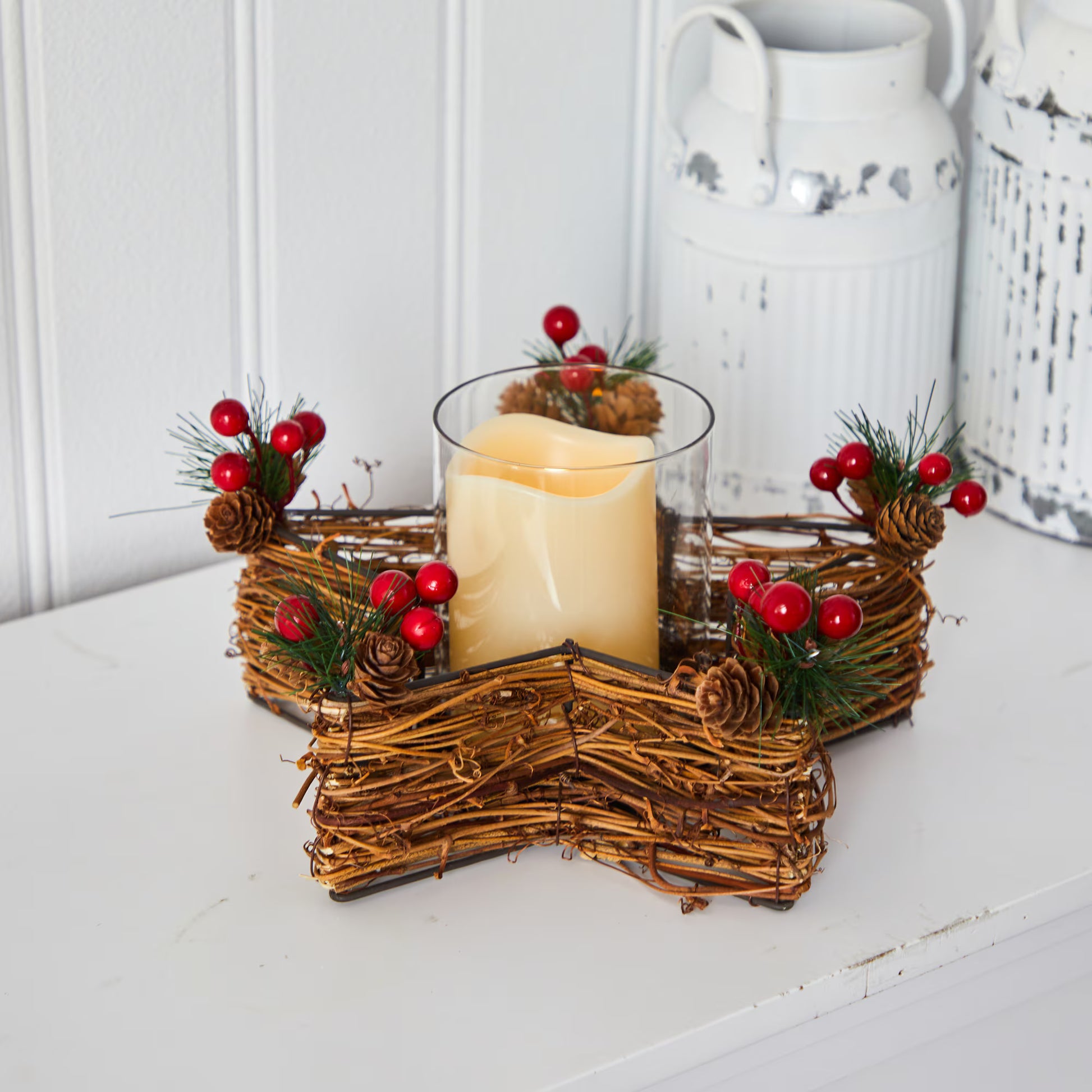 Star candle holder with wicker design, LED candle