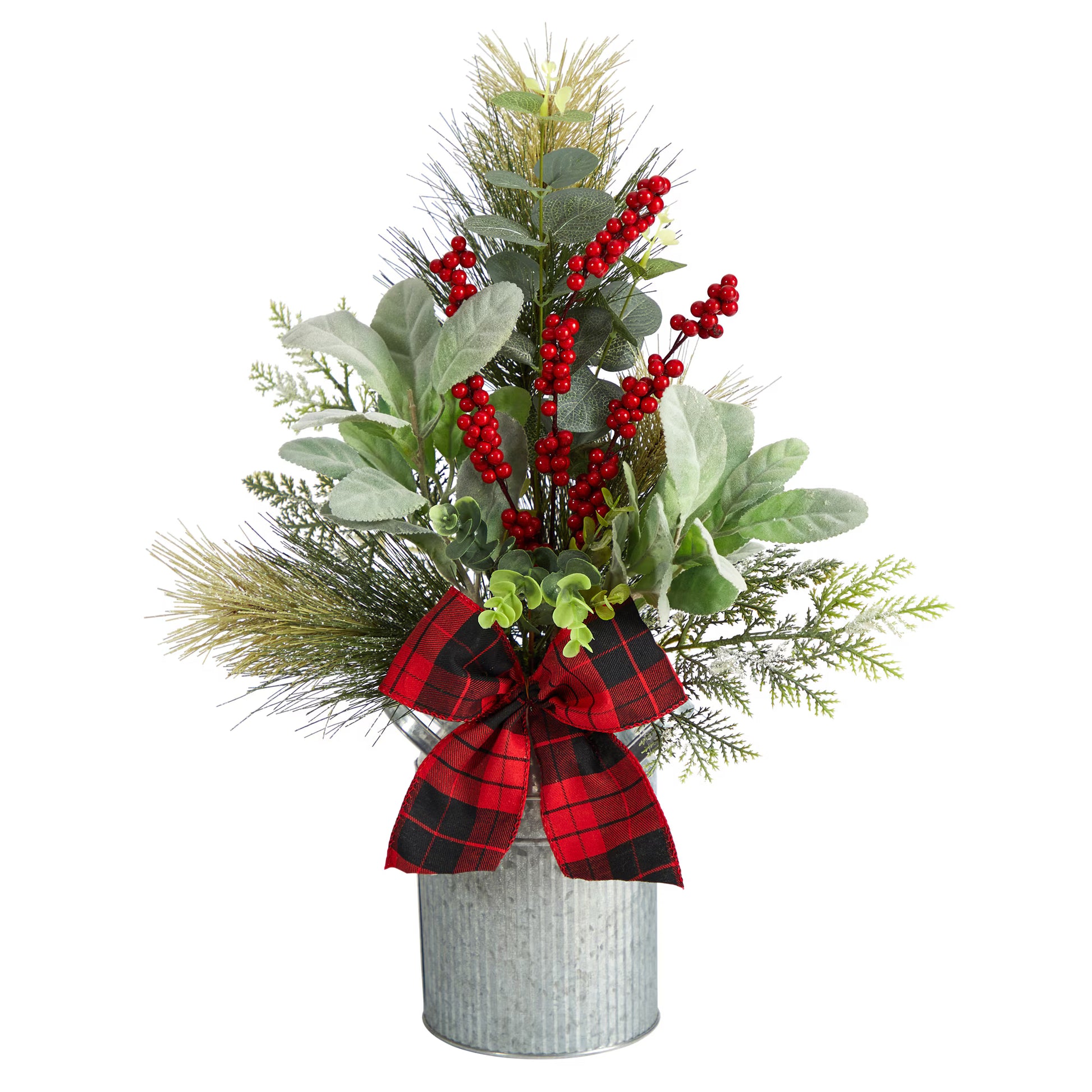 Decorative arrangement with greenery, red berries, and a plaid bow in a metal container 