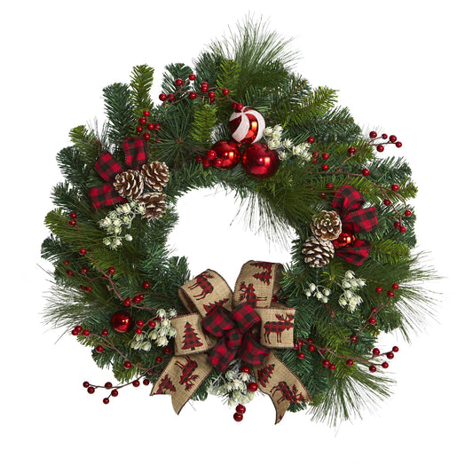 24” Christmas Pine Artificial Wreath with Pine Cones and Ornaments-Nautical Decor and Gifts