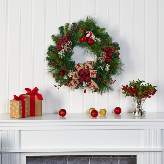 24” Christmas Pine Artificial Wreath with Pine Cones and Ornaments-Nautical Decor and Gifts