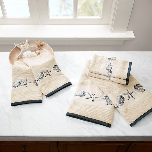 Coastal Motif Embroidered Cotton Jacquard 6 Piece Towel Set-Bath Towels-Nautical Decor and Gifts