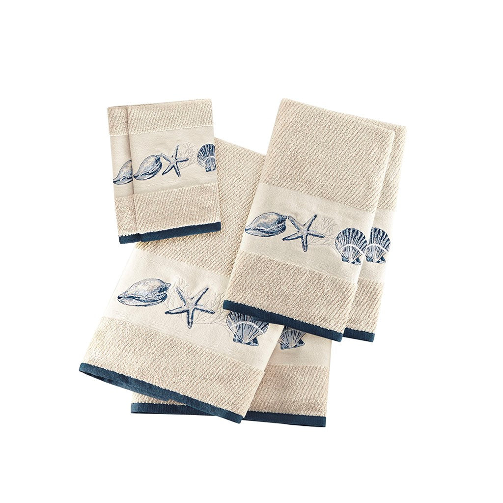 Coastal Motif Embroidered Cotton Jacquard 6 Piece Towel Set-Bath Towels-Nautical Decor and Gifts