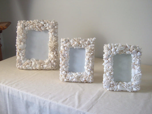 "3 is a charm” white seashell picture frames-Nautical Beach House Mirrors-Nautical Decor and Gifts