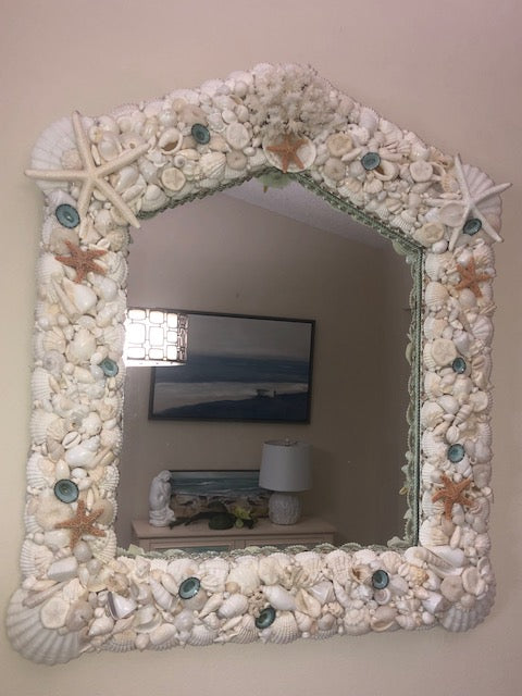 Princess In White & Blue Dots - Large Seashell Mirror-Nautical Beach House Mirrors-Nautical Decor and Gifts